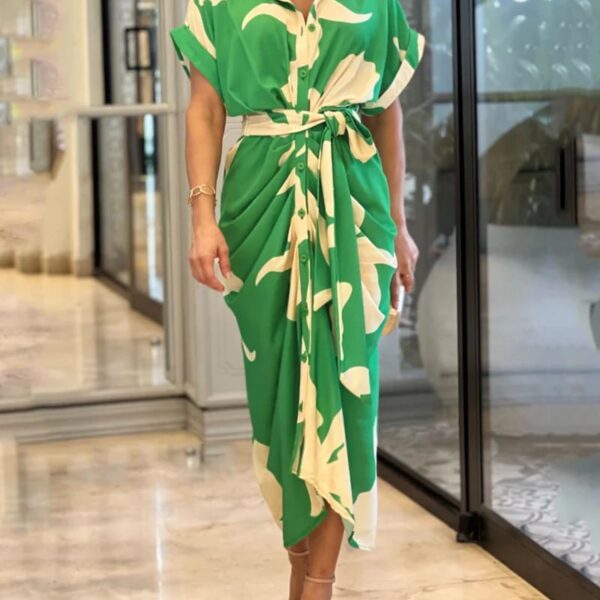 Casual Lapel Neck Waist Print Shirt Dress