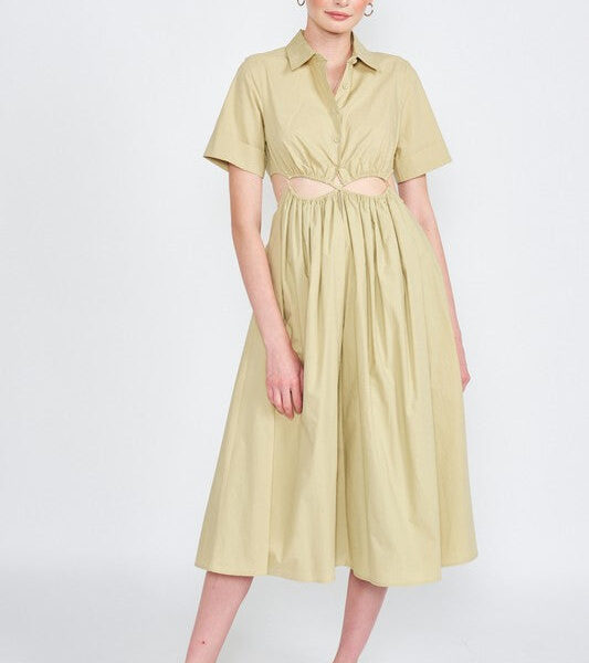 Chic Button-Up Midi Dress with Stylish Cut-Outs