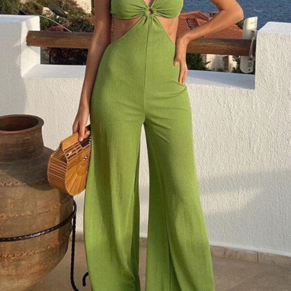 Chic Women's V-Neck Jumpsuit with Stylish Open Back and Flattering Regular Fit