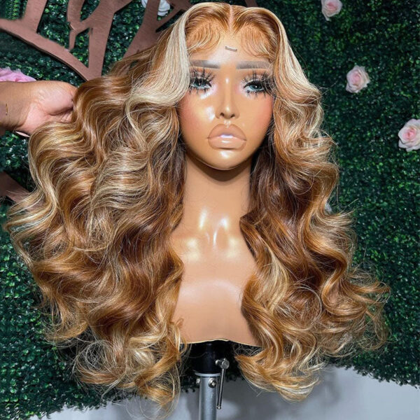 Cranberry Highlight Brown with Blonde Body Wave Human Hair Wigs 13x4 Lace Frontal Wig Pre Plucked 5x5 Lace Closure Wig