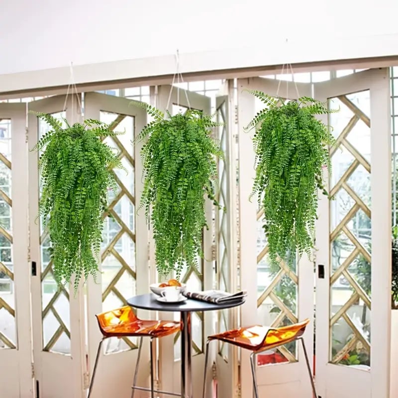2pcs premium oxidation resistance artificial flower boston ferns artificial persian rattan fake hanging plant faux greenary vine outdoor uv resistant plastic plants for wall wedding party decor home decor details 6