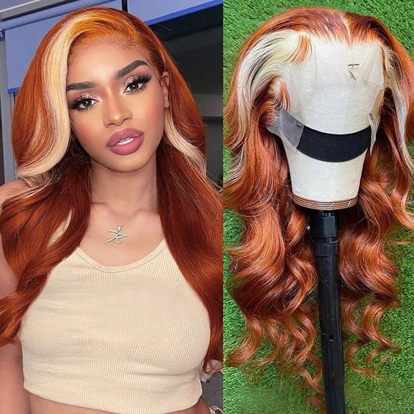 Cranberry Transparent Ginger Wig With Blonde Highlights Colored Lace Front Wigs Body Wave Ombre Human Hair Wigs