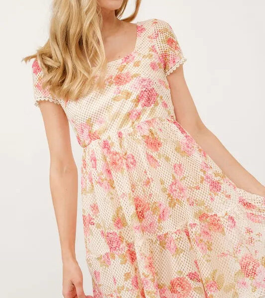 Square Neck Tiered Floral Fishnet Dress
