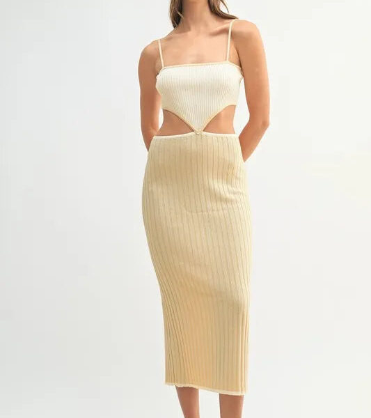 Ribbed Knit Color Block Cutout Midi Dress