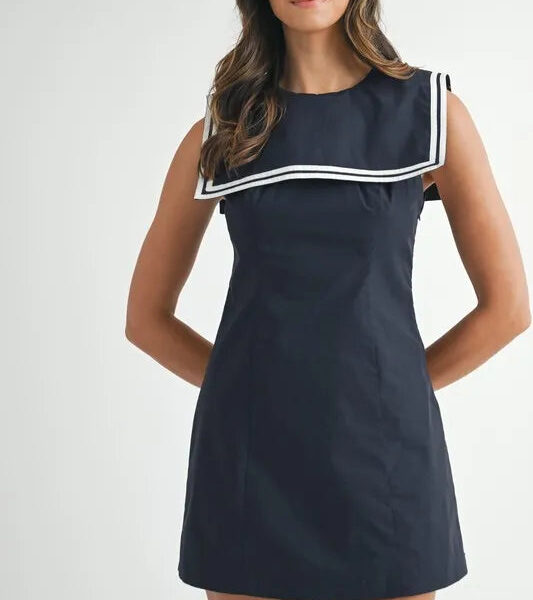 Contrast Piping Square Sailor Collar Mini Dress