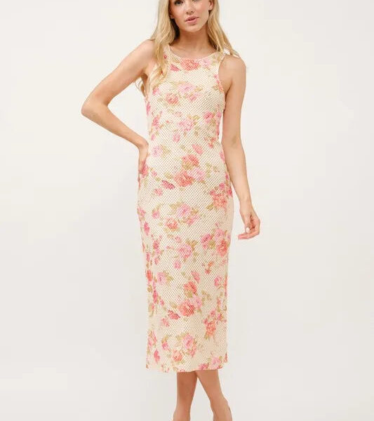 Floral Fishnet Bodycon Midi Dress