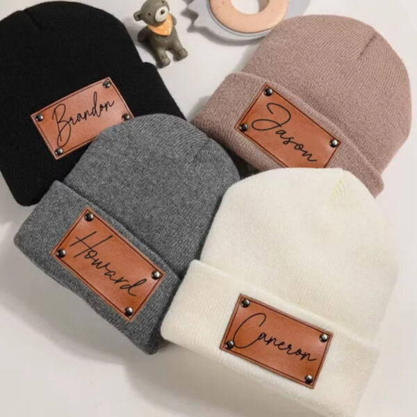 Custom Name Leather Patch Beanie