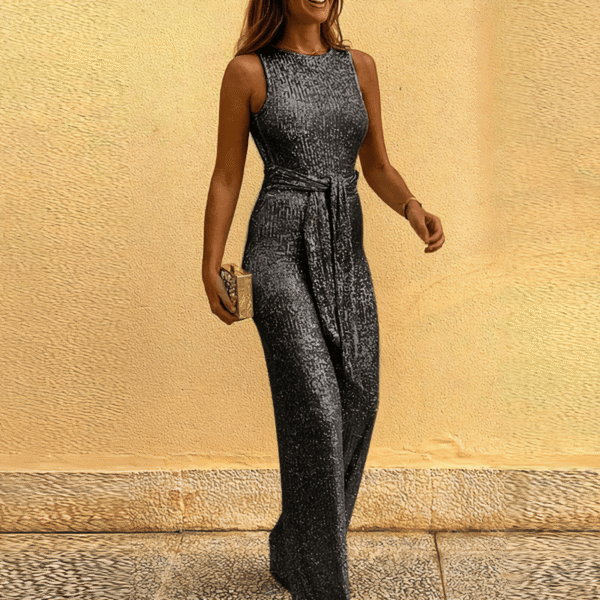 Sparkling Women's Sequin Jumpsuit - Sleek Sleeveless Design with V-Neck for Elegant Party Glamour
