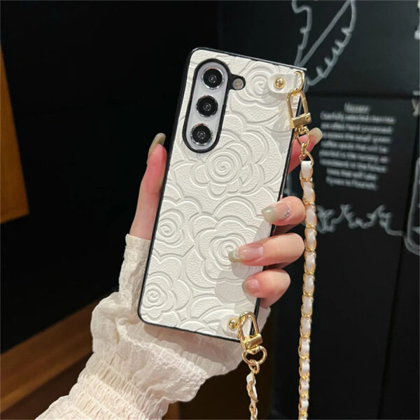 Korean Luxury Camellia Leather Crossbody Lanyard Phone Case for Samsung Galaxy Z Fold Series