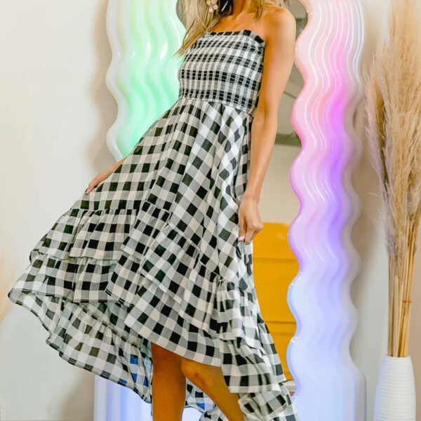 Smocked Body Off Shoulder Check Dress