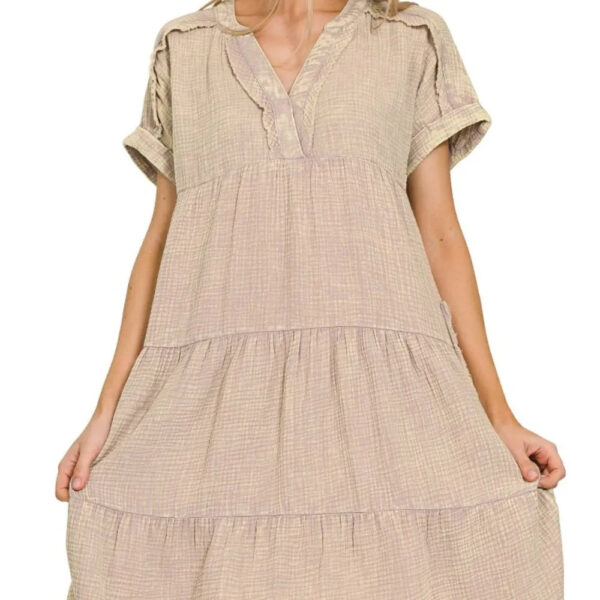 Washed Double Gauze Raw Edge Notched Dress