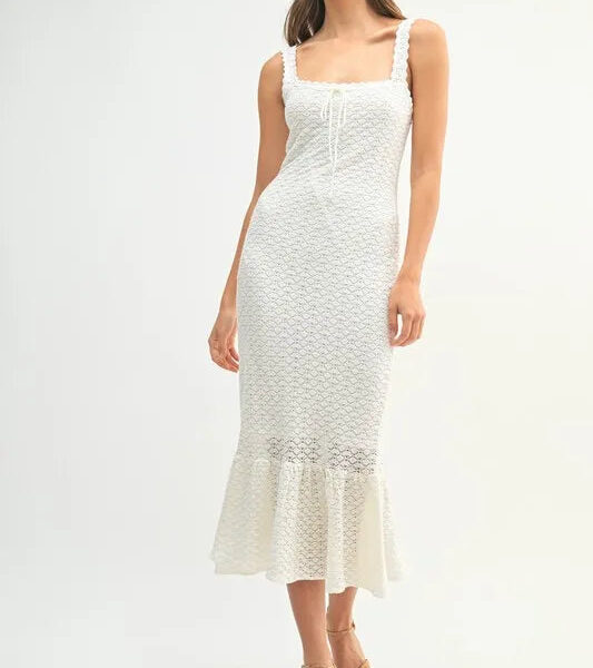 Ruffled Hem Sleeveless Crochet Knit Midi Dress