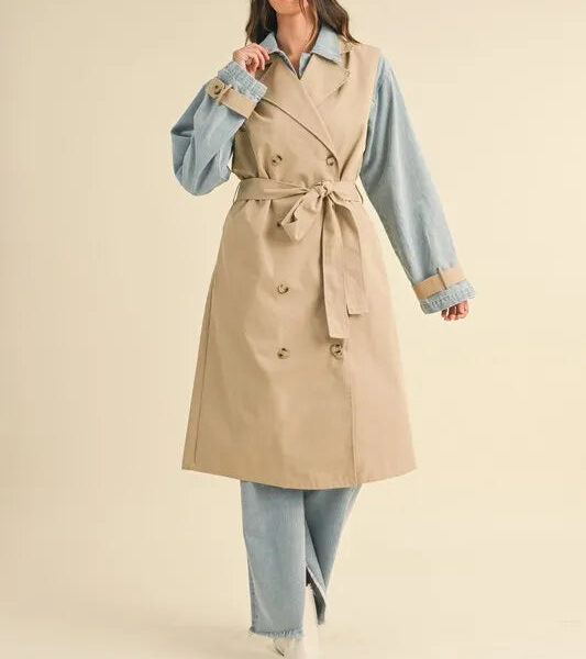 Layered Look Trench Coat With Denim Jacket