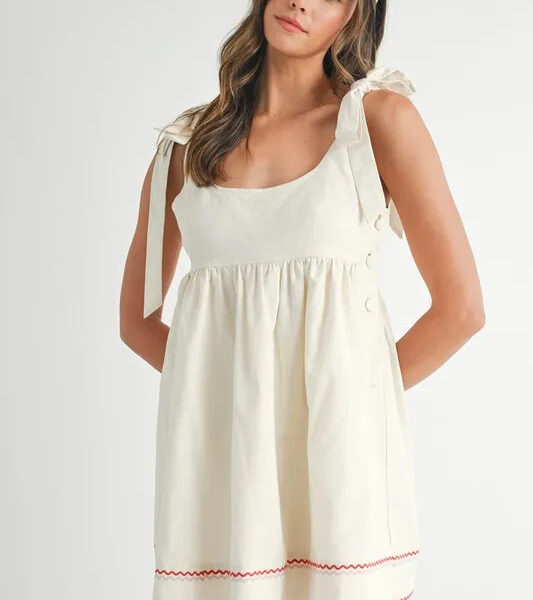 Zig Zag Embroidered Shoulder Tie Mini Dress