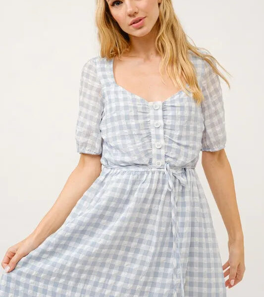 Puff Sleeve Ruched Button Front Gingham Dress