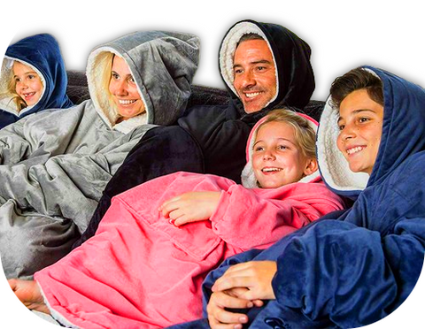 Family wearing the fathoods blancket sweatshirt