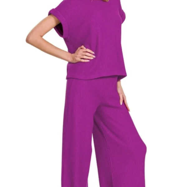 Rolled Sleeve Top and Pants Sweater Set