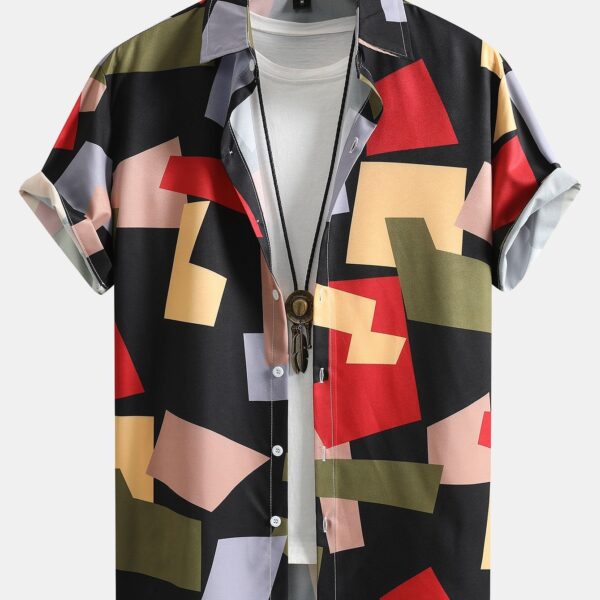 Geometry Color Block Print Button Up Shirt