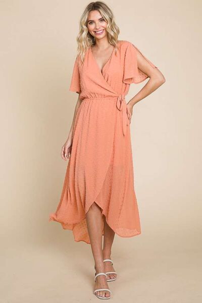 Chic Cocoa Swiss Dot Tied Slit Short Sleeve Dress