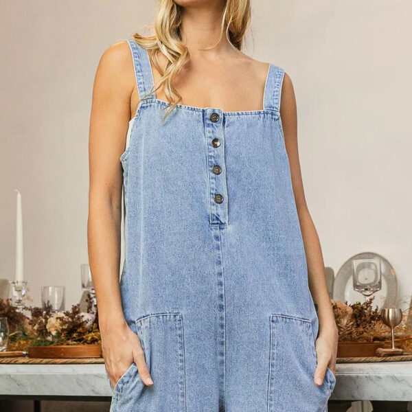 Washed Denim Buttoned Overall Jumpsuit
