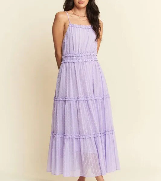 Texture Swiss Dot Ruffle Square Neck Midi Dress