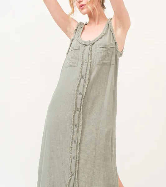 Washed Gauzed Patch Pocket Tank Midi Dress