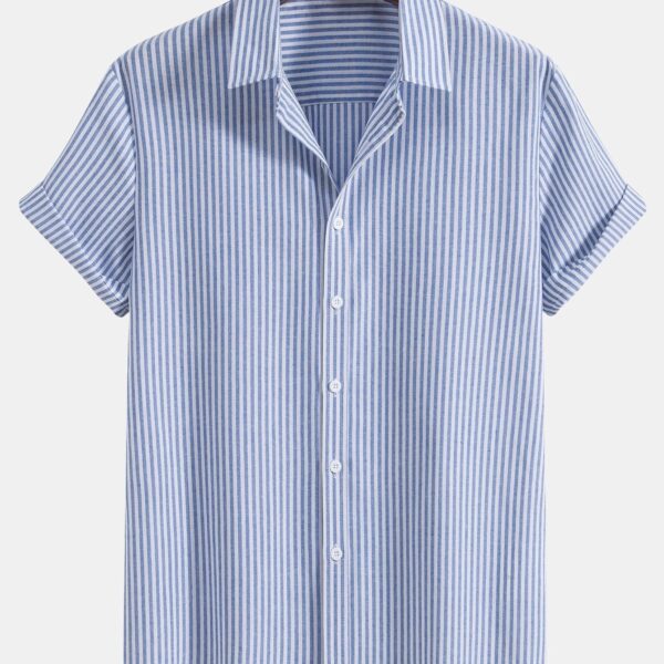 Short Sleeve Cotton Blend Striped Button Up Shirt